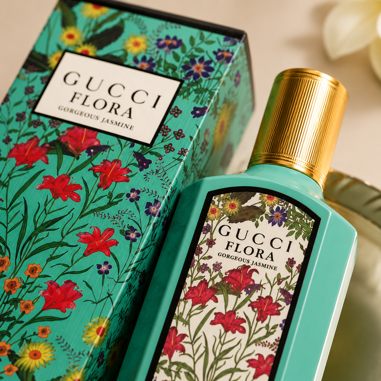 Close-up of Flora Gorgeous Jasmine perfume showcasing luxury craftsmanship, texture and premium finish