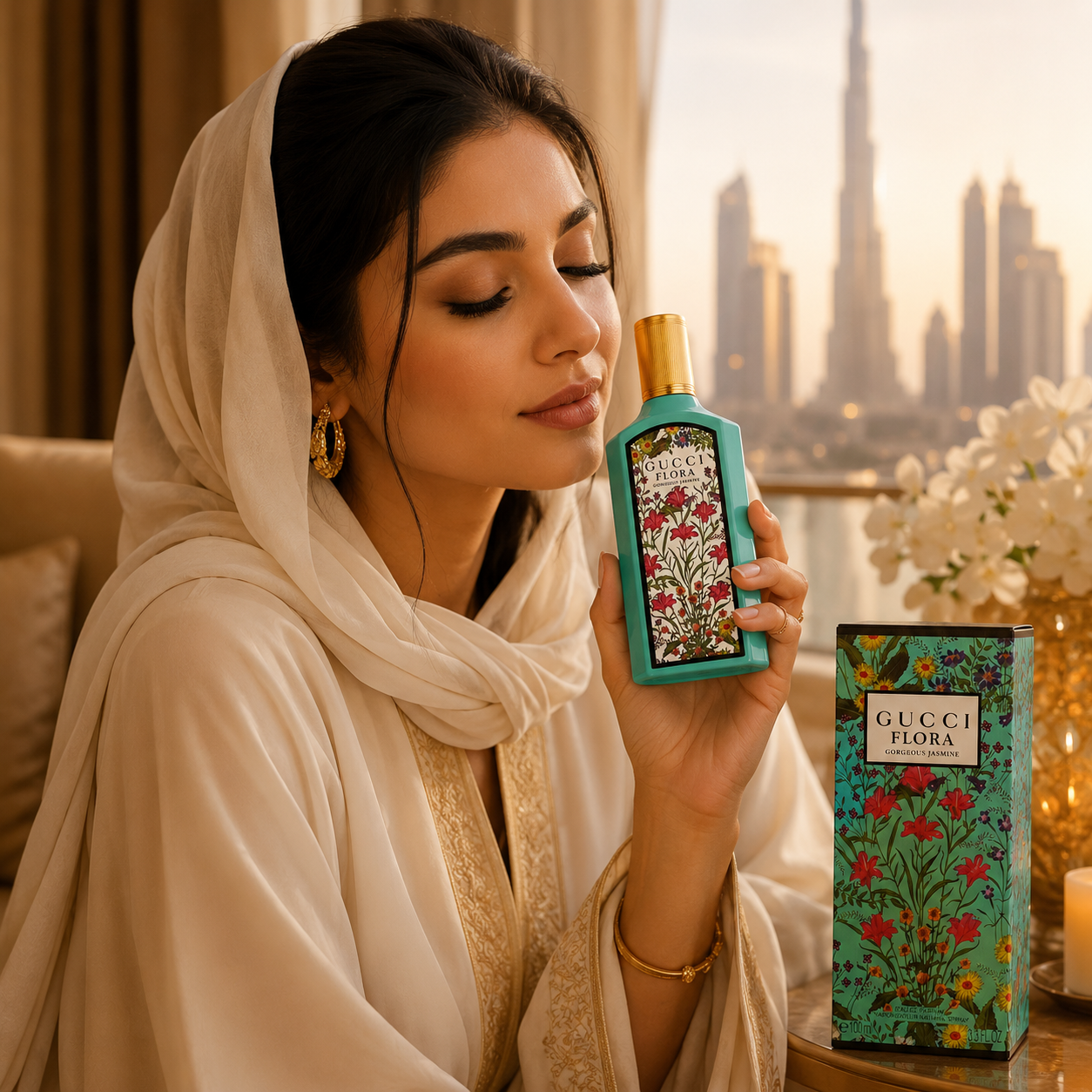 Elegant woman enjoying Flora Gorgeous Jasmine perfume in a luxury UAE lifestyle setting