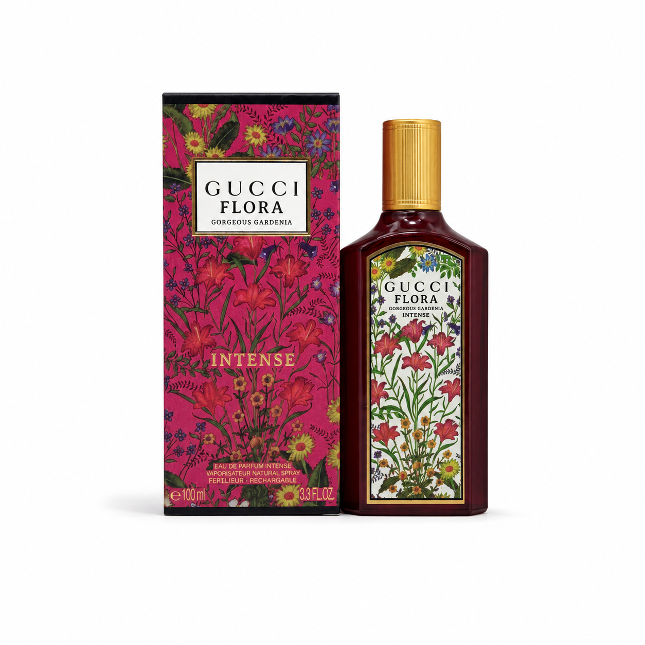 Luxury floral Eau de Parfum 100ml perfume bottle and box on white background with elegant premium packaging.