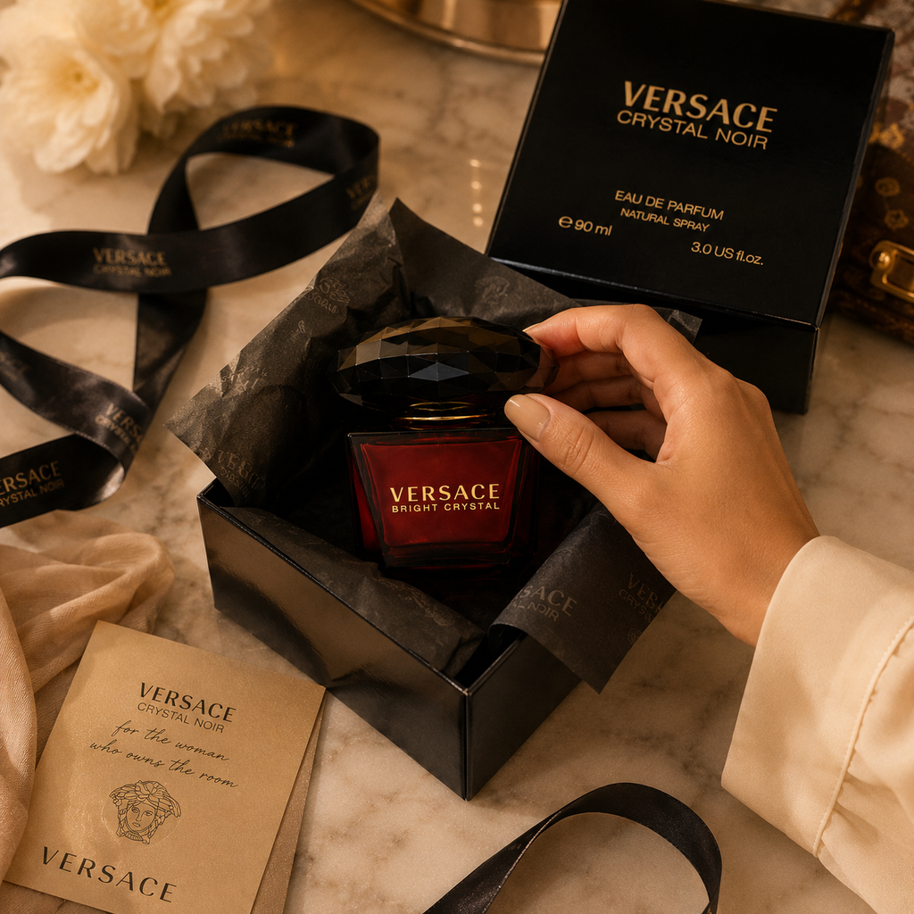 Luxury perfume presented in premium gift packaging with tissue paper, ribbon, and elegant unboxing presentation for luxury gifting.