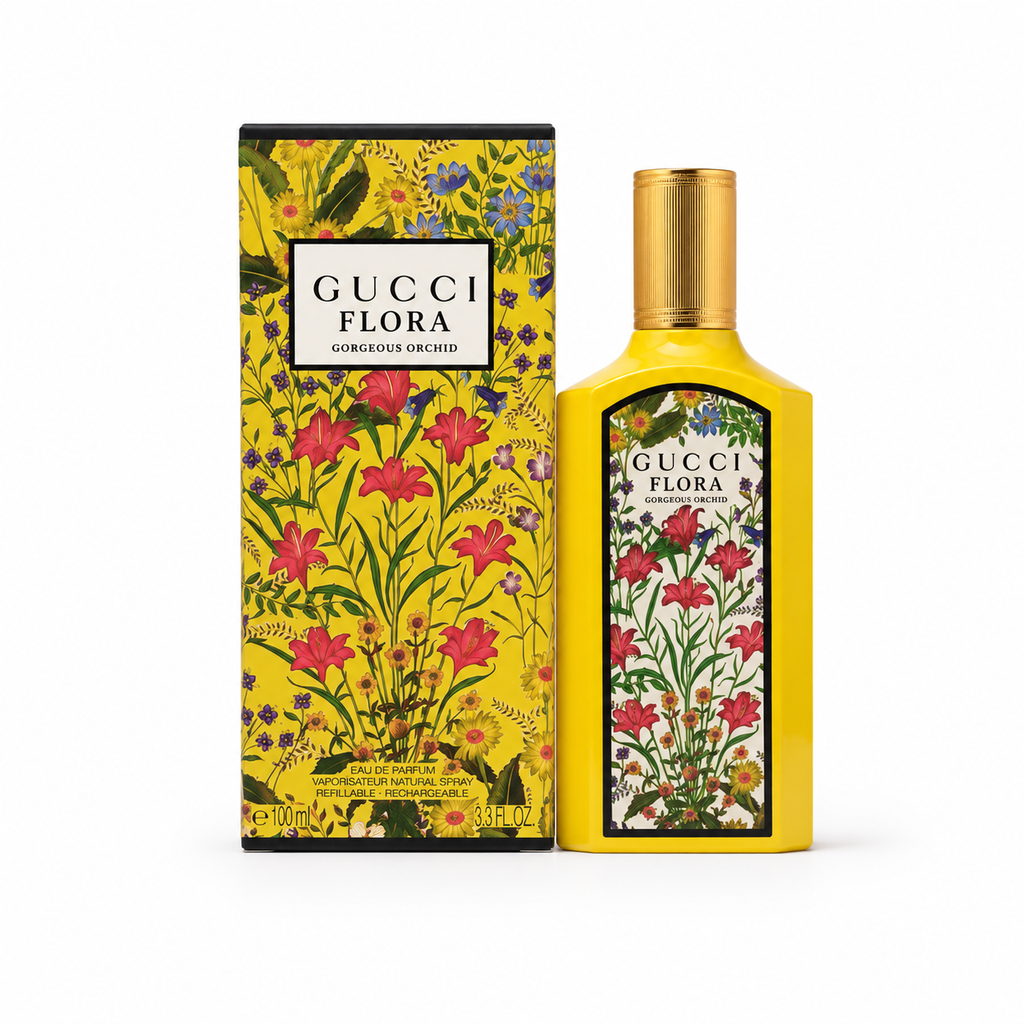Gucci Flora Gorgeous Orchid Eau de Parfum 100ml bottle and box on white background luxury designer perfume for women