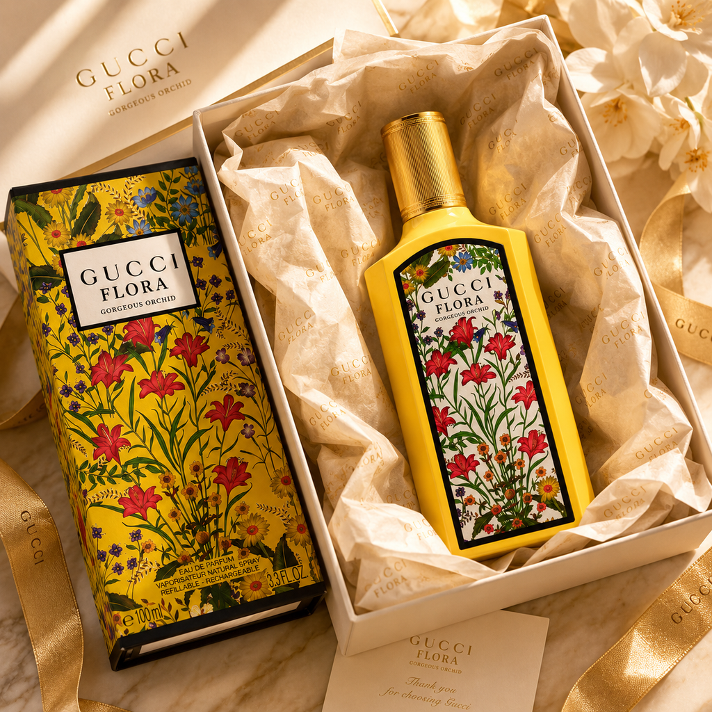 Gucci Flora Gorgeous Orchid perfume presented in luxury gift box with premium tissue paper ribbon and elegant unboxing presentation