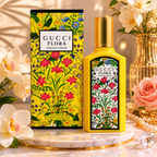 Gucci Flora Gorgeous Orchid perfume displayed on marble surface with luxury floral accessories and premium editorial styling