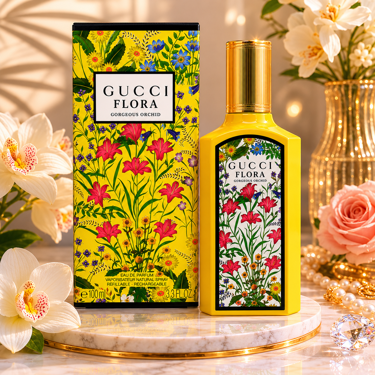 Gucci Flora Gorgeous Orchid perfume displayed on marble surface with luxury floral accessories and premium editorial styling