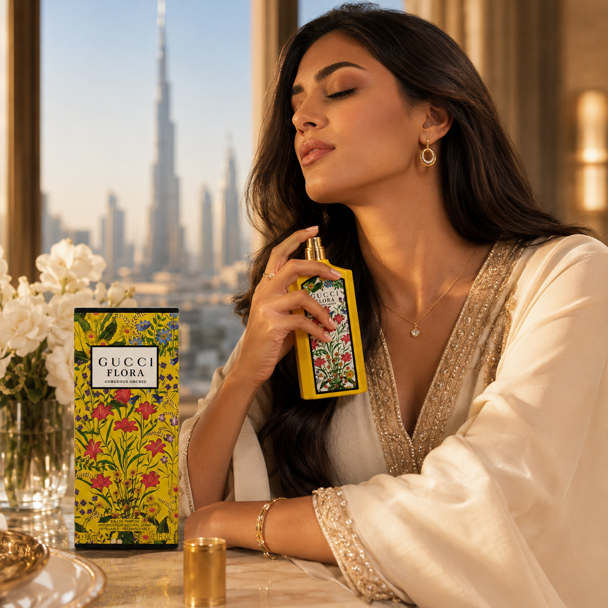 Elegant woman enjoying Gucci Flora Gorgeous Orchid perfume in luxury fashion campaign with sophisticated Dubai lifestyle aesthetic
