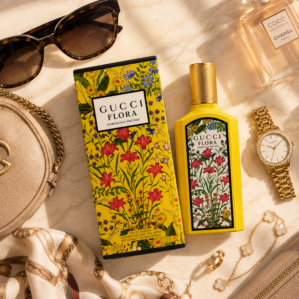 Luxury flatlay featuring Gucci Flora Gorgeous Orchid perfume with sunglasses watch jewelry handbag and premium fashion accessories