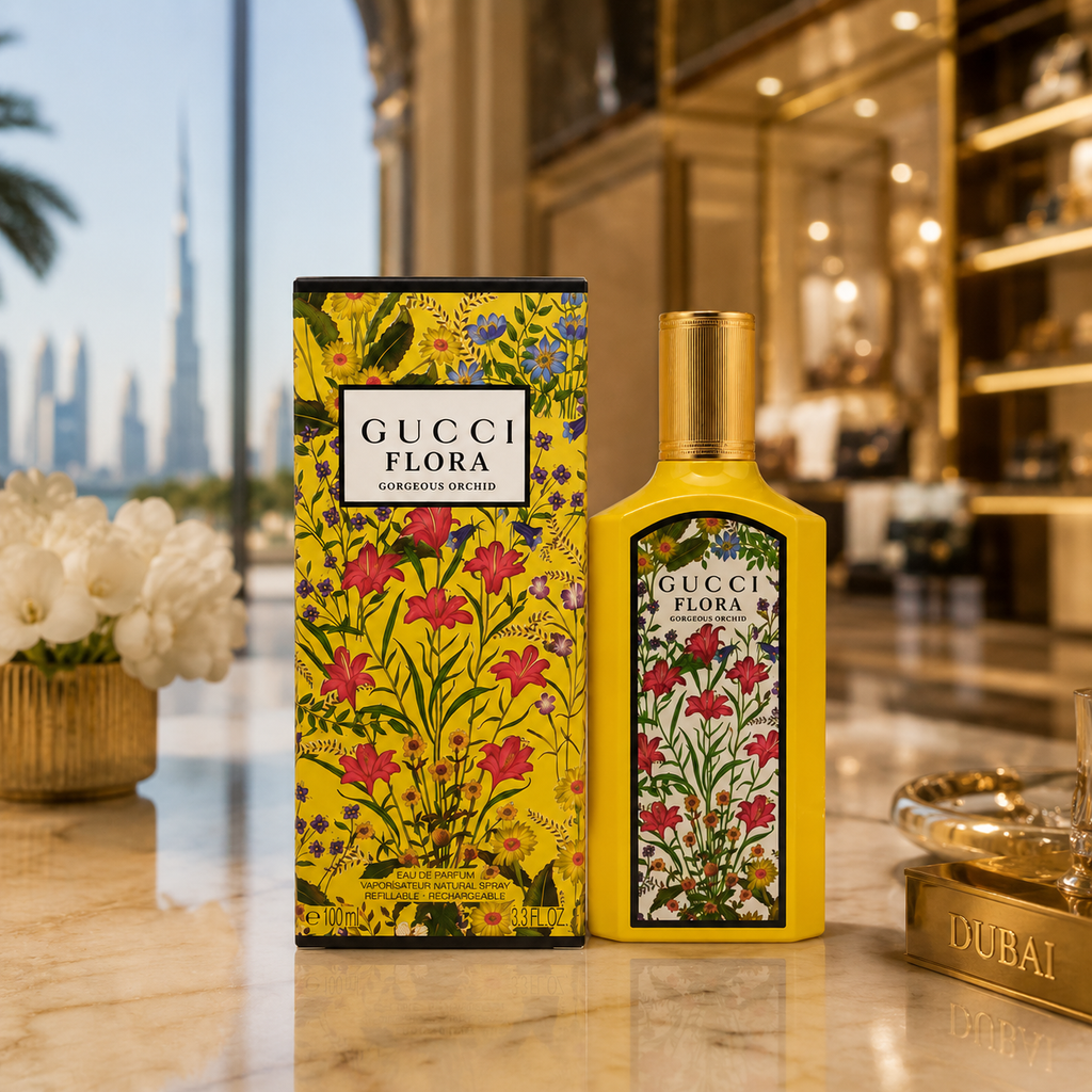 Gucci Flora Gorgeous Orchid luxury floral perfume displayed in elegant Dubai-inspired luxury boutique with premium golden lighting
