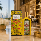 Gucci Flora Gorgeous Orchid luxury floral perfume displayed in elegant Dubai-inspired luxury boutique with premium golden lighting