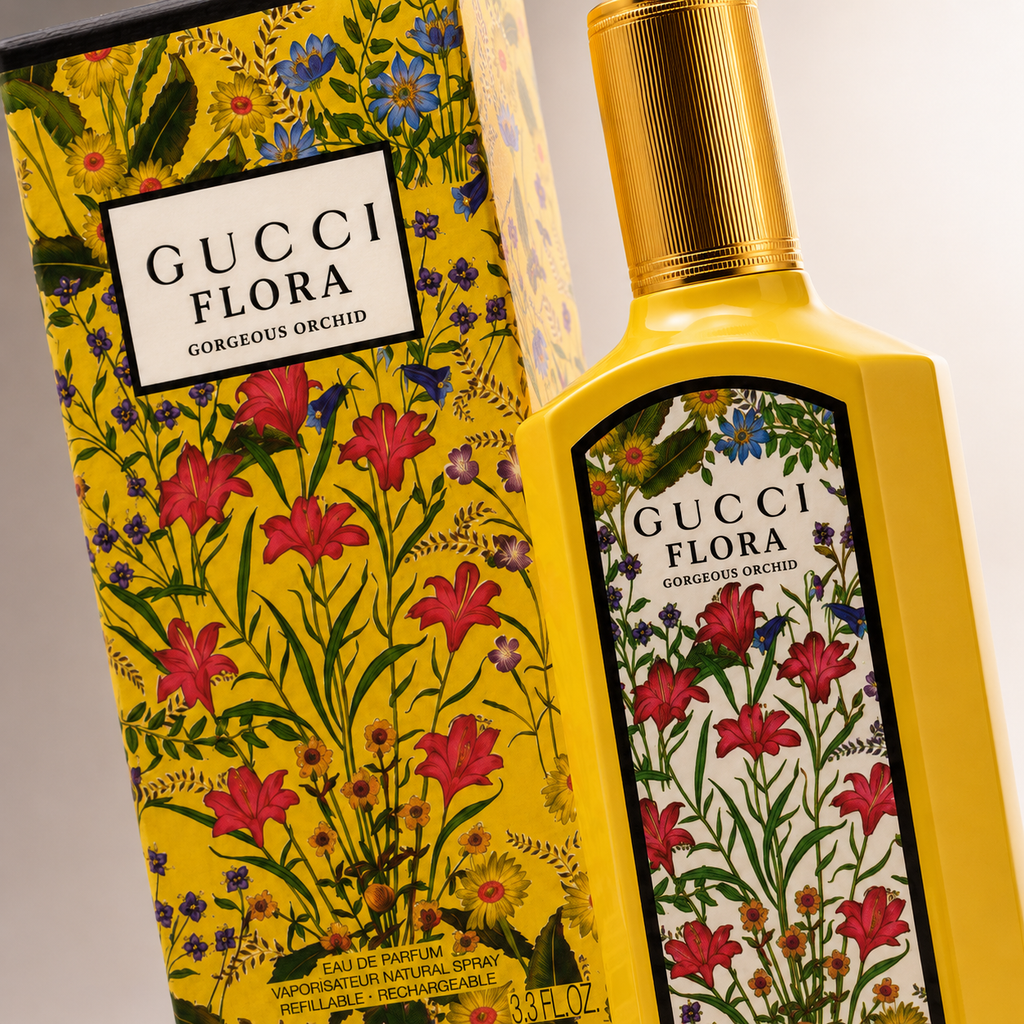 Close-up view of Gucci Flora Gorgeous Orchid perfume showcasing premium bottle finish floral artwork and luxury packaging details