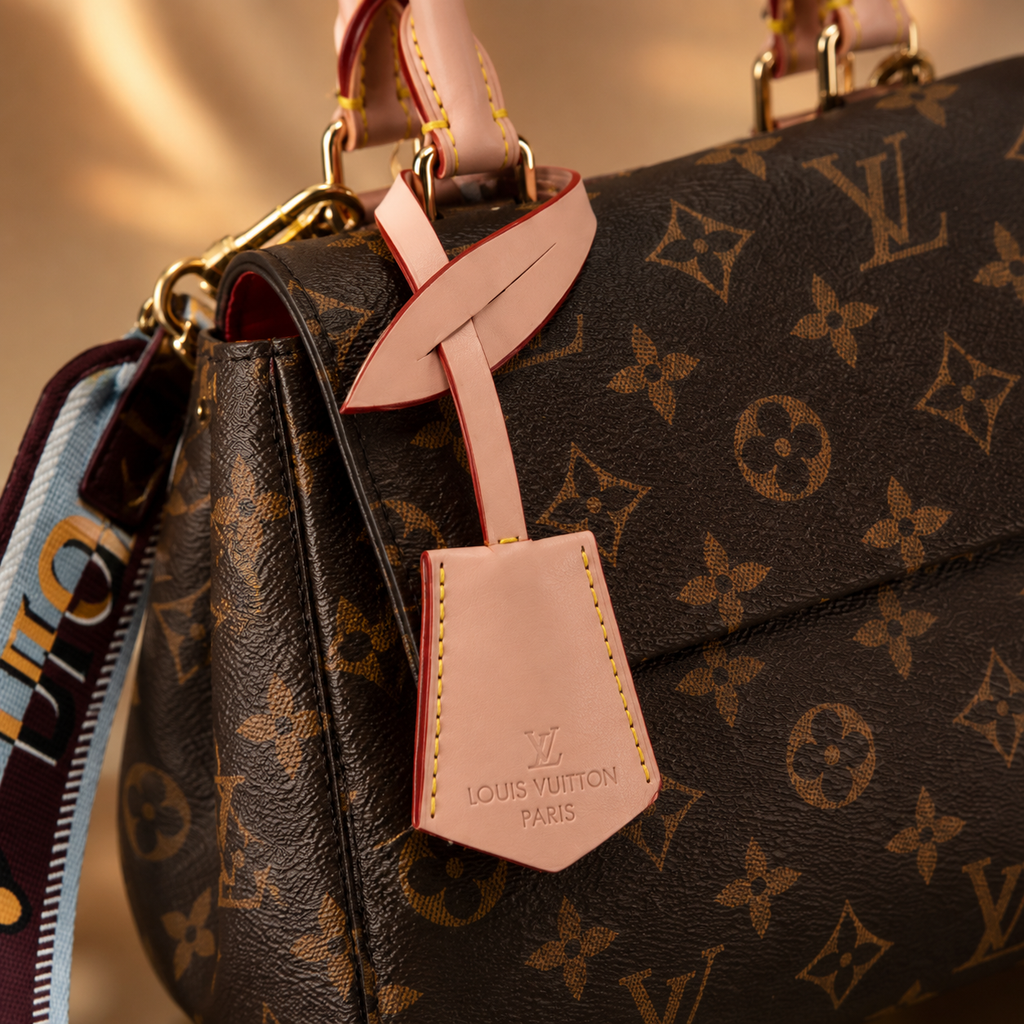 Close-up of luxury monogram handbag showing premium texture, stitching, gold hardware, and leather detailing