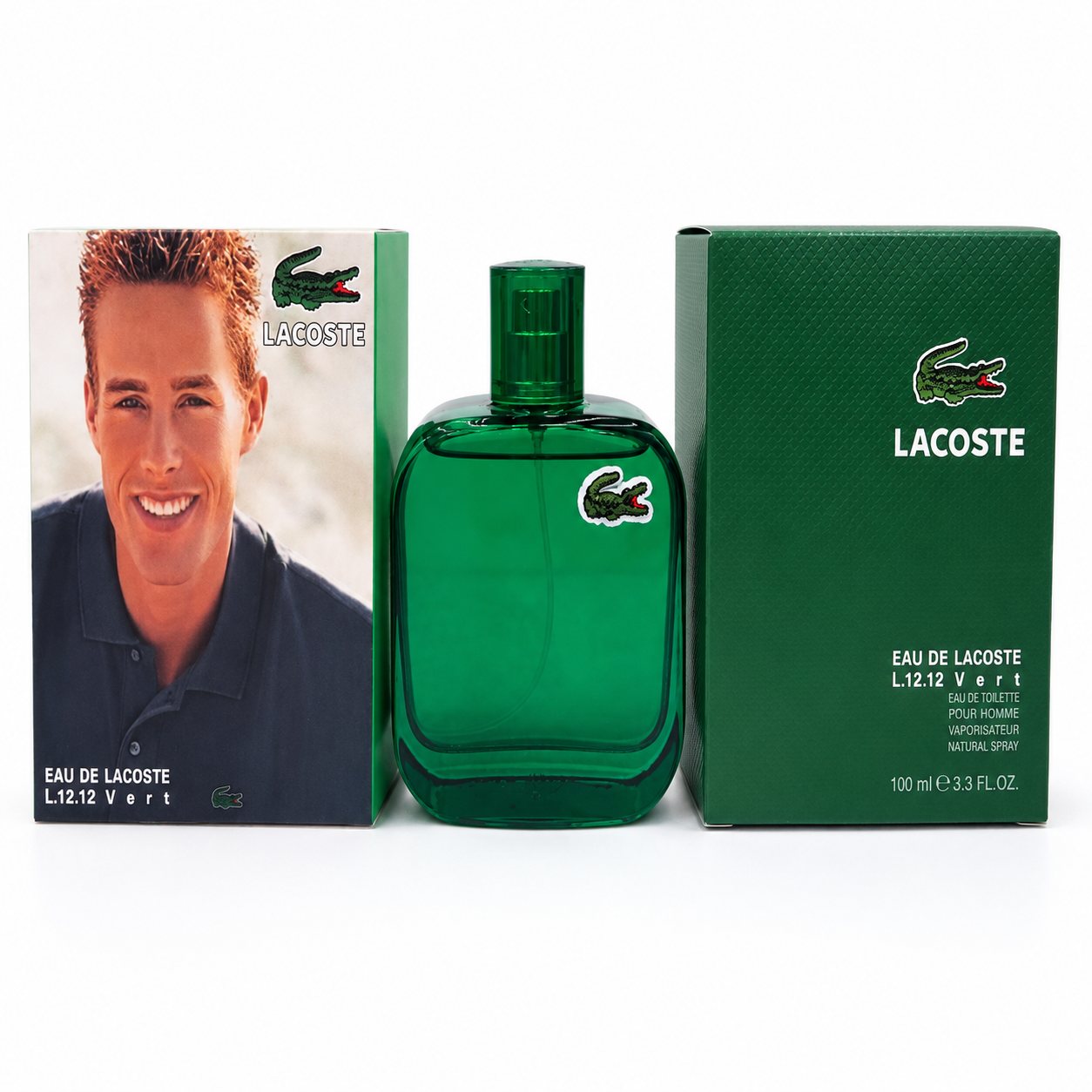 Lacoste Eau De Lacoste L.12.12 Vert men's luxury perfume 100ml green bottle with premium packaging on white background