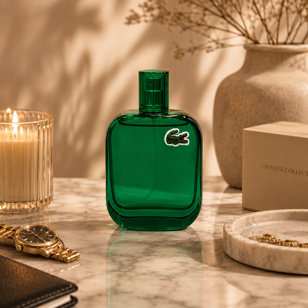 Lacoste L.12.12 Vert men's perfume displayed on marble surface with luxury accessories and premium editorial styling