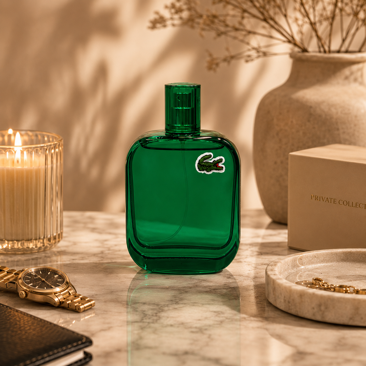 Lacoste L.12.12 Vert men's perfume displayed on marble surface with luxury accessories and premium editorial styling