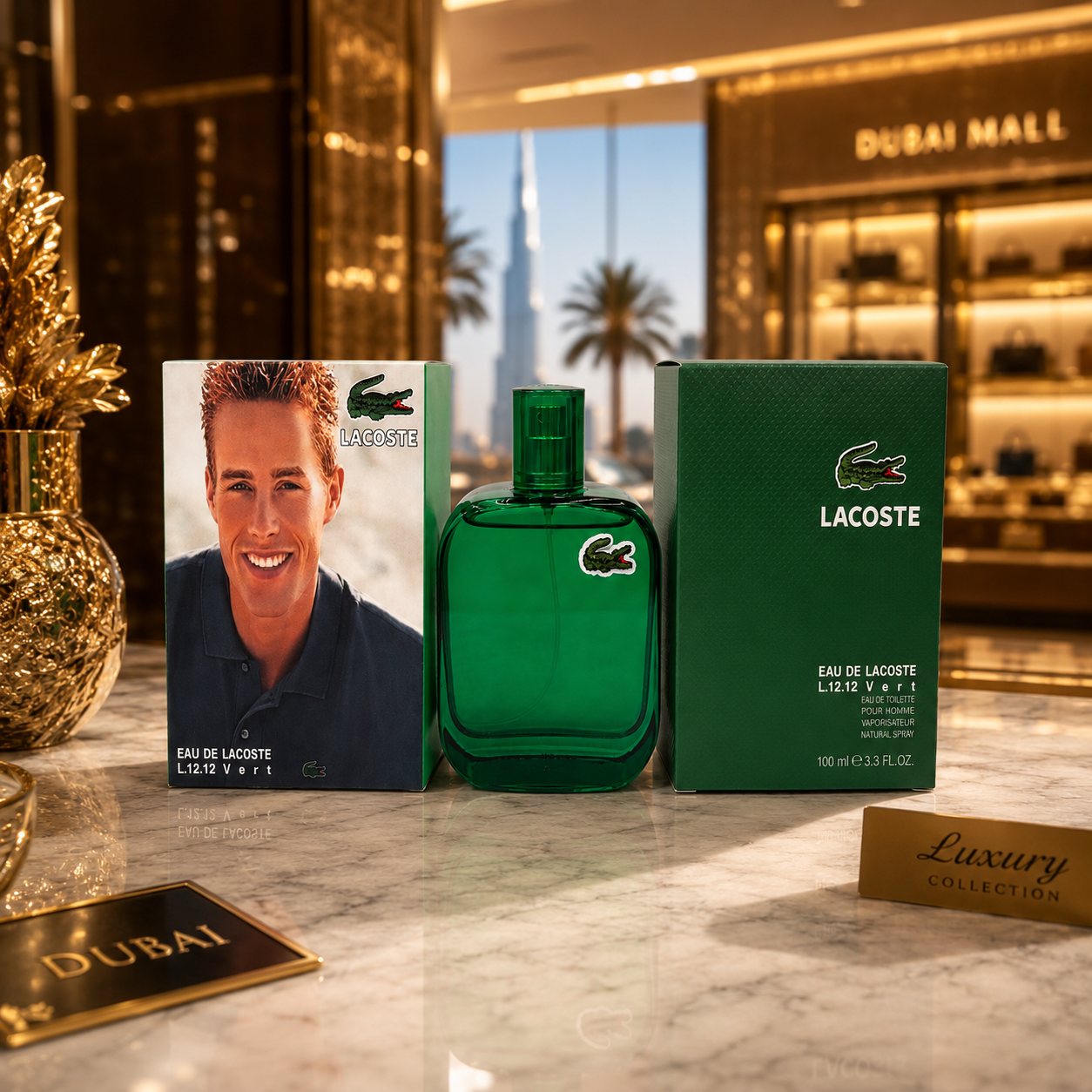 Lacoste L.12.12 Vert men's perfume displayed in a luxury Dubai-inspired lifestyle setting with premium boutique aesthetic