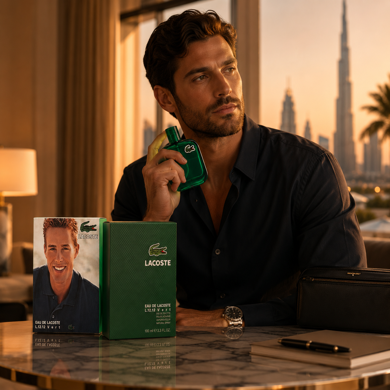 Stylish man using Lacoste Eau De Lacoste L.12.12 Vert luxury fragrance in an elegant modern lifestyle setting