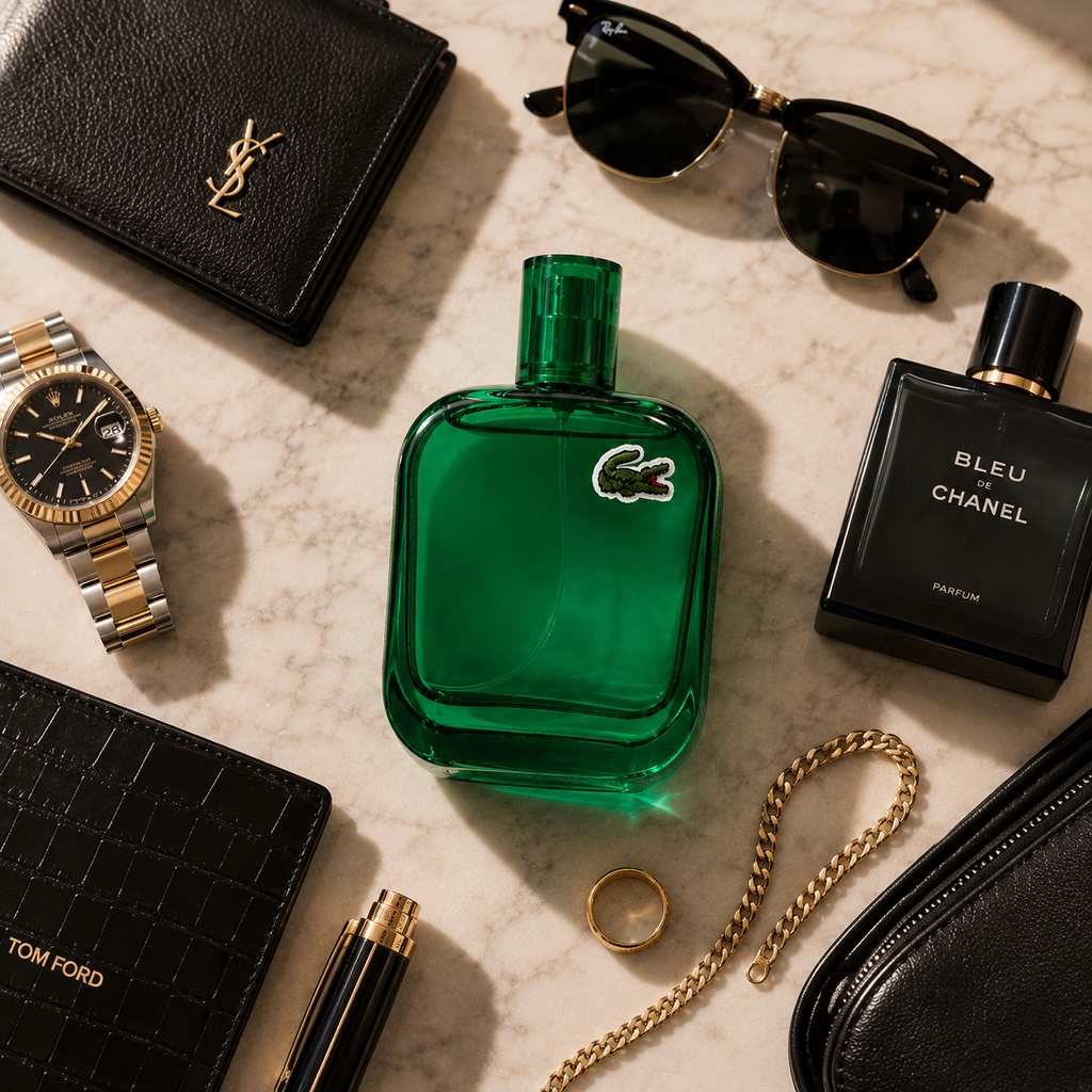 Lacoste Eau De Lacoste L.12.12 Vert perfume arranged with luxury watch sunglasses leather accessories and jewelry