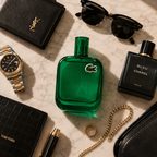 Lacoste Eau De Lacoste L.12.12 Vert perfume arranged with luxury watch sunglasses leather accessories and jewelry