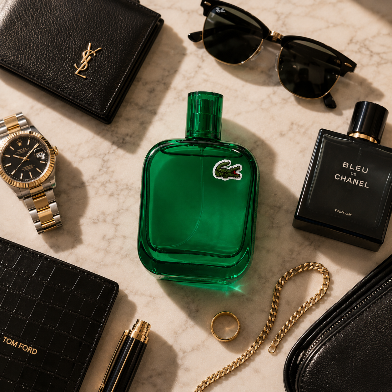 Lacoste Eau De Lacoste L.12.12 Vert perfume arranged with luxury watch sunglasses leather accessories and jewelry