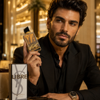 Elegant luxury fashion campaign featuring Libre perfume with sophisticated modern UAE-inspired styling