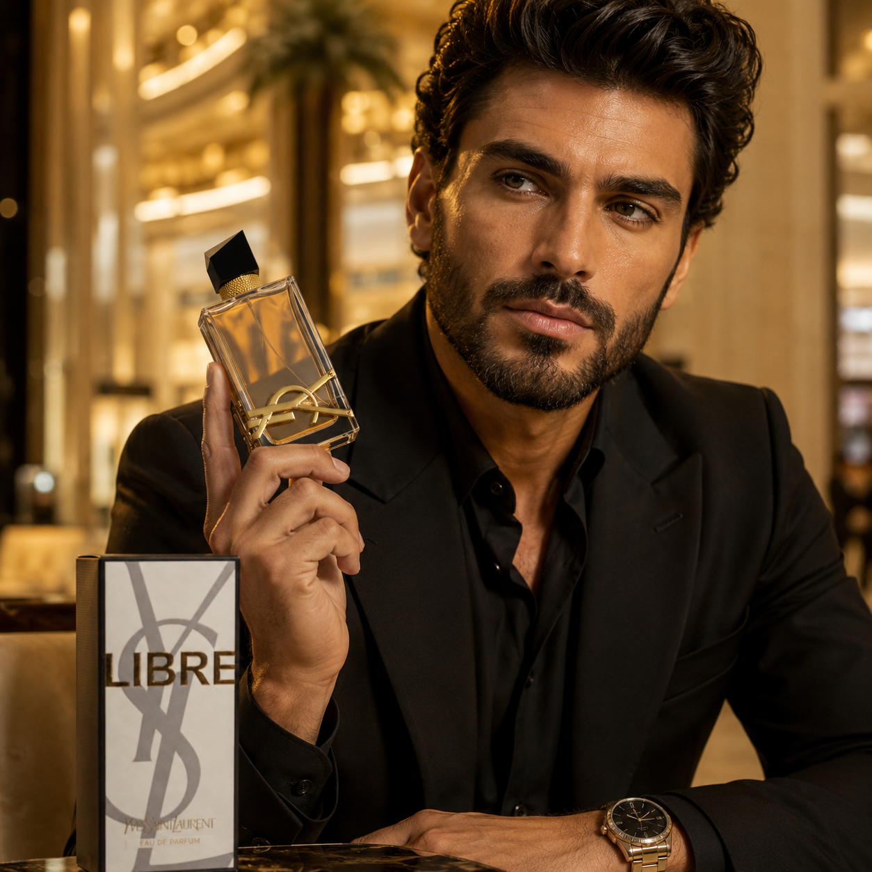 Elegant luxury fashion campaign featuring Libre perfume with sophisticated modern UAE-inspired styling