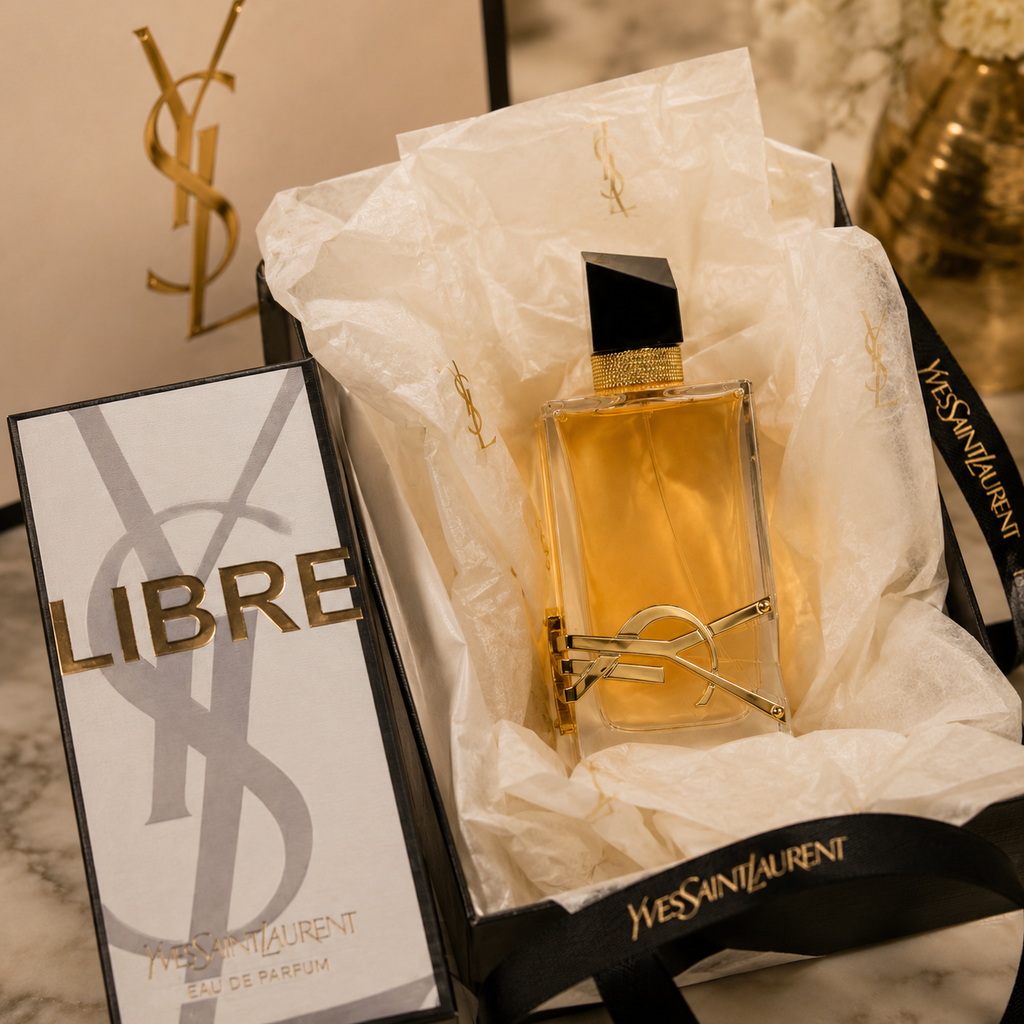 Luxury Libre perfume presented in premium gift packaging with elegant tissue paper and designer unboxing experience