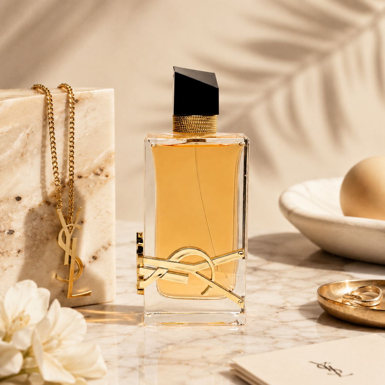 Luxury Libre perfume styled on beige marble surface with elegant shadows and premium fashion accessories