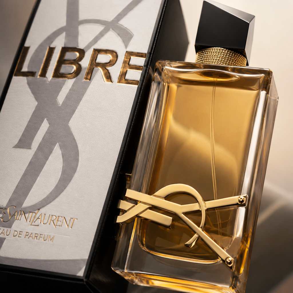 Close-up macro view of Libre perfume bottle showcasing premium gold accents, glass texture, and luxury finishing
