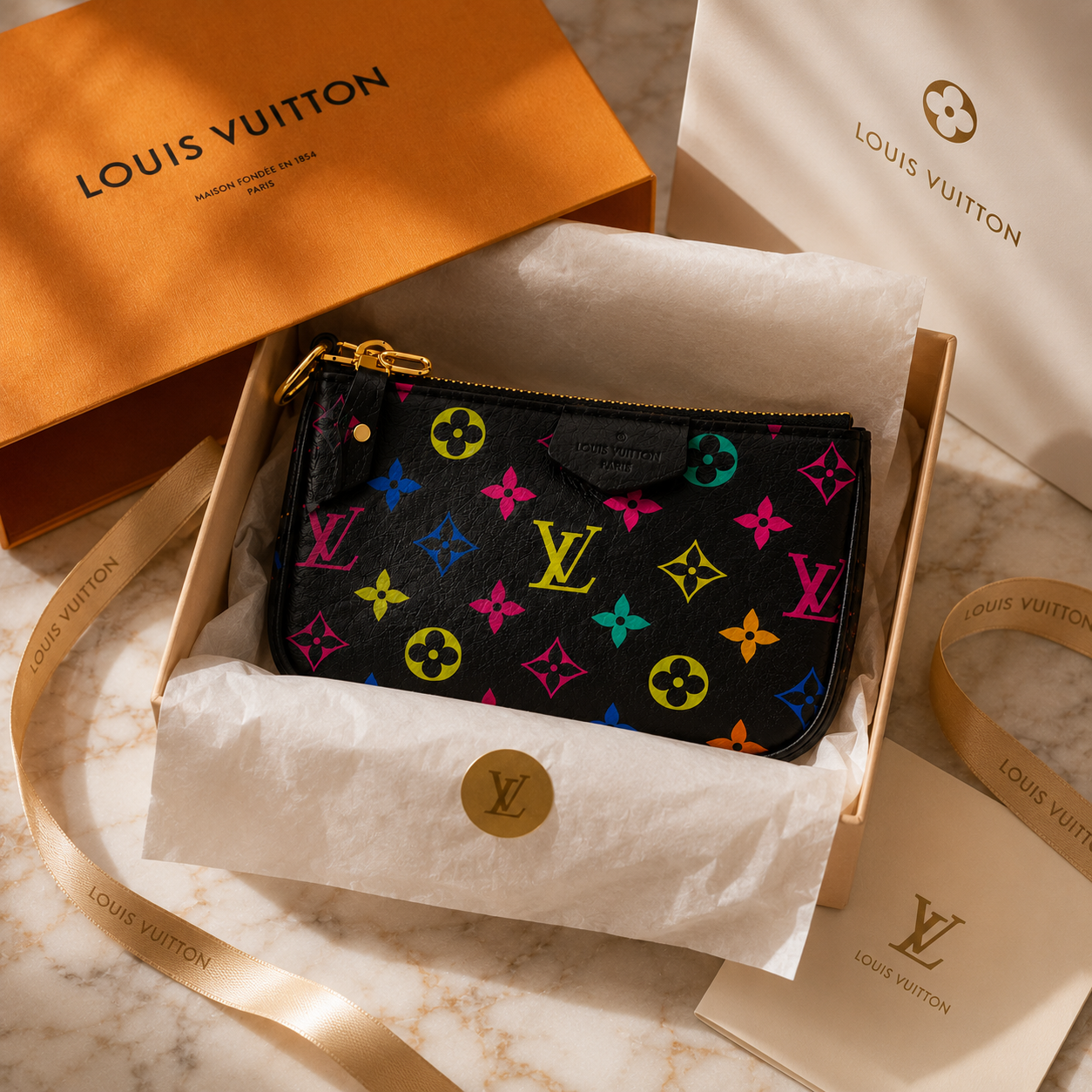 Louis Vuitton monogram pouch in black canvas with colorful LV logo and floral motifs, displayed in an open presentation box with tissue paper, alongside the orange Louis Vuitton box, shopping bag, and ribbon on a marble surface.
