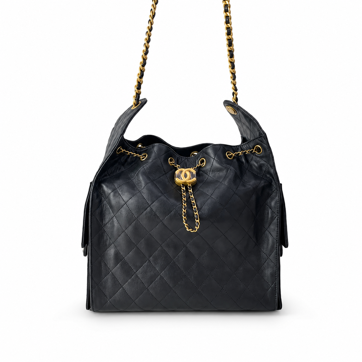 A black quilted leather shoulder bag with gold-tone chain straps and a gold interlocking CC clasp, photographed on a clean white background.