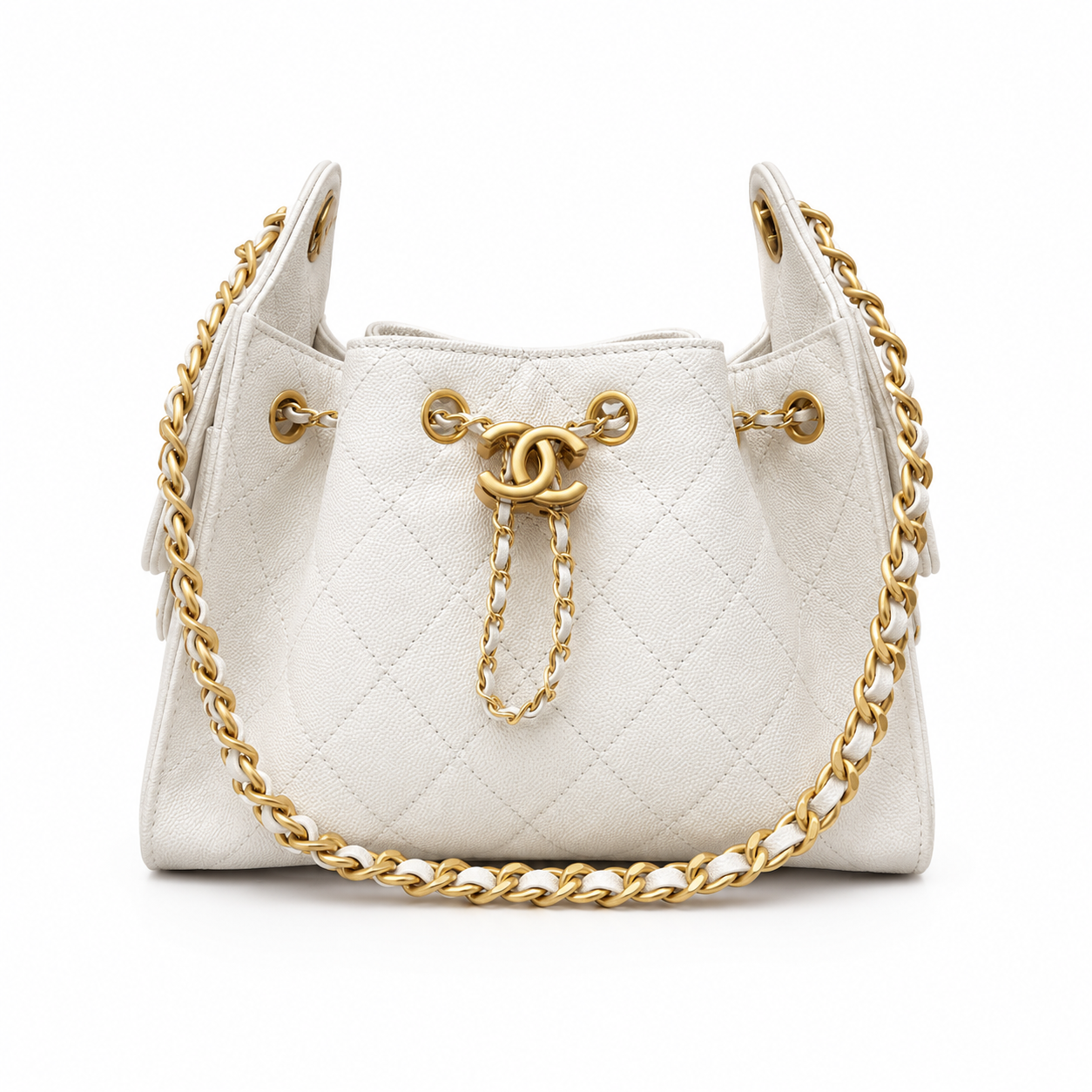 A white quilted leather shoulder bag with gold-tone hardware, featuring a double-C logo clasp and a gold chain strap, set against a plain white background.