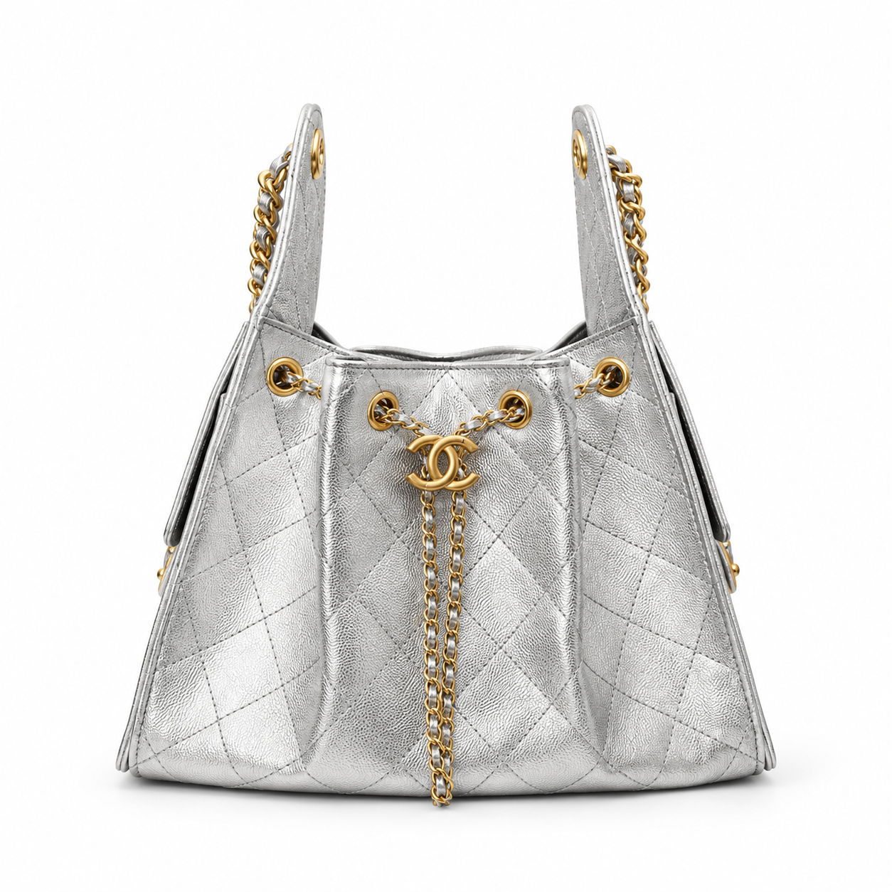 A silver quilted leather handbag with gold-tone hardware, featuring a prominent interlocking CC logo on a chain detail at the front, set against a plain white background.