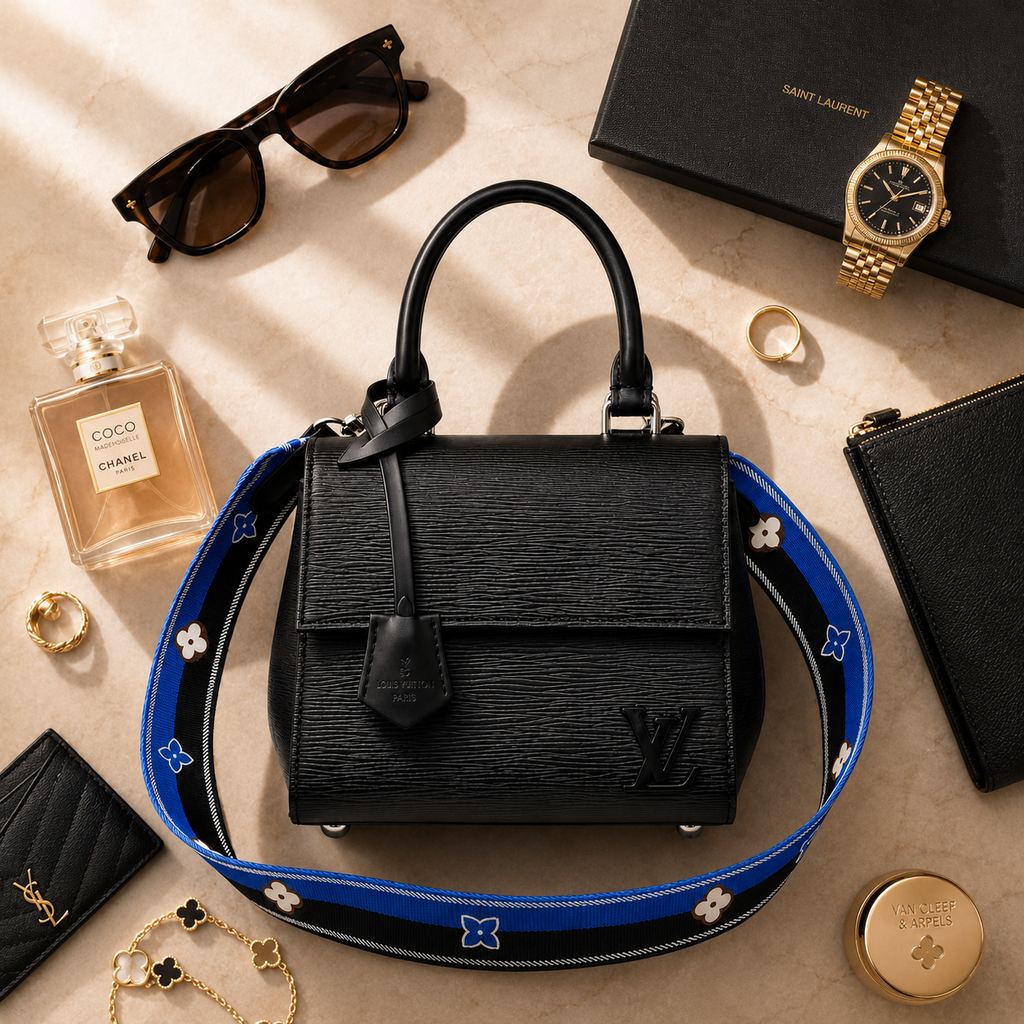 Luxury black handbag styled on marble surface with elegant accessories and soft beige tones
