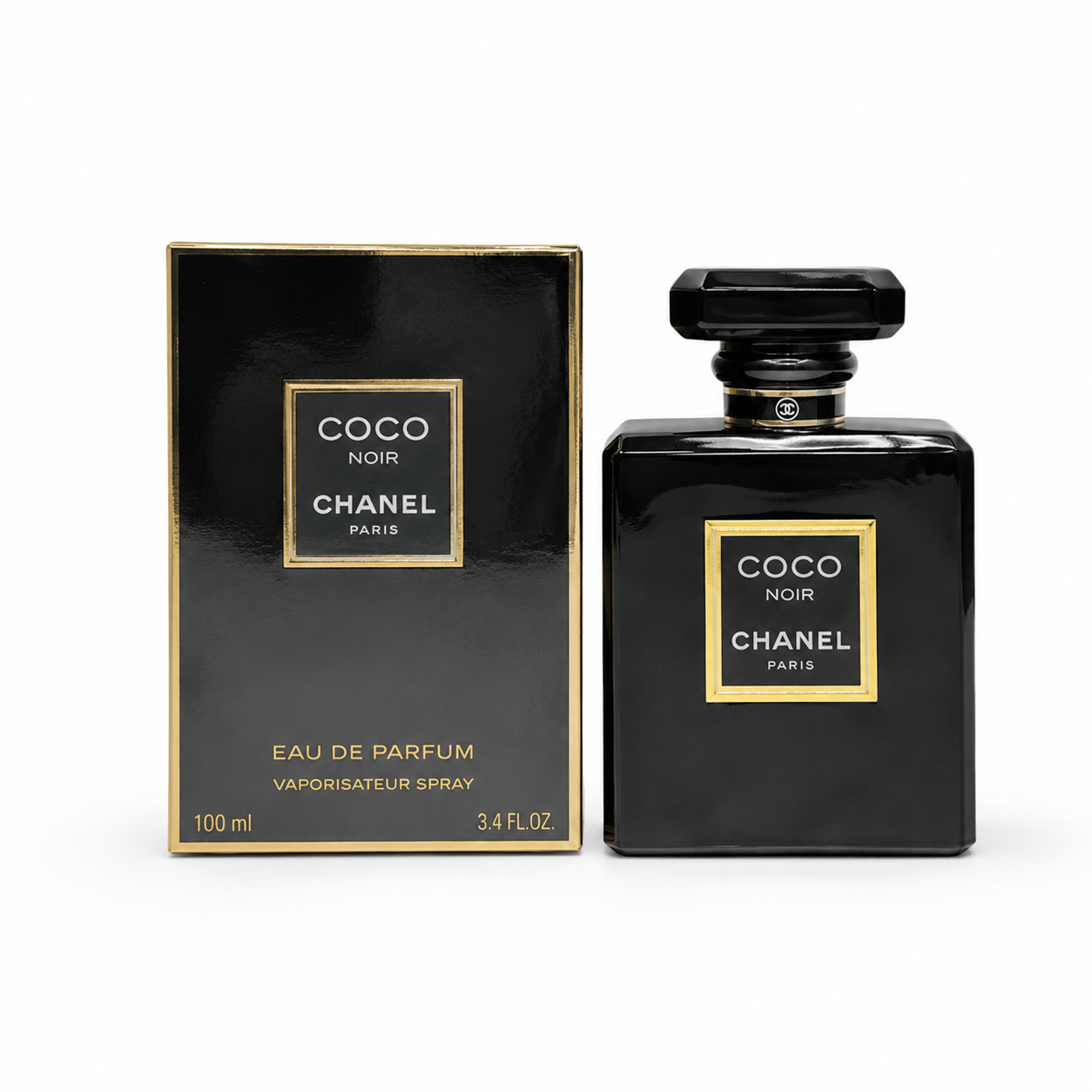 Luxury black Eau de Parfum fragrance bottle with premium packaging on a clean white background, elegant designer-inspired perfume for men and women.