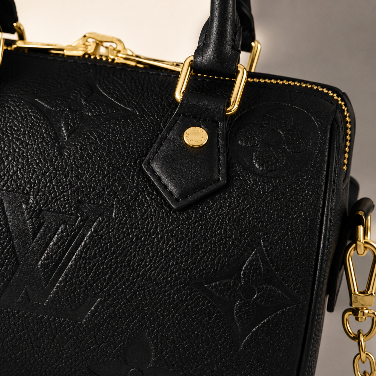 Premium black leather handbag displayed in elegant Dubai luxury shopping environment