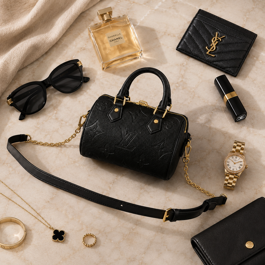 Luxury black leather handbag styled with elegant accessories on beige marble surface