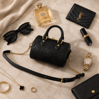 Luxury black leather handbag styled with elegant accessories on beige marble surface