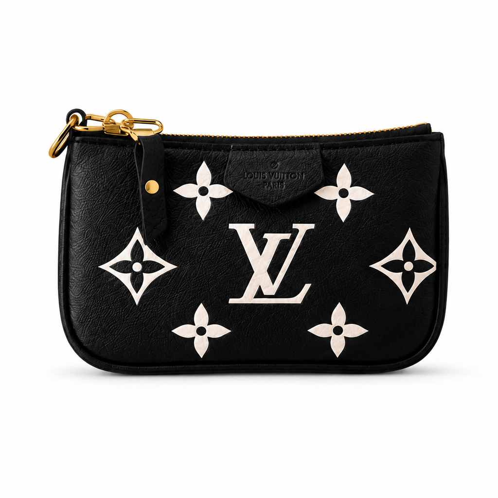 A black Louis Vuitton monogram pouch with a gold-tone zipper and hardware, featuring the iconic LV logo and floral motifs in white on a clean white background.