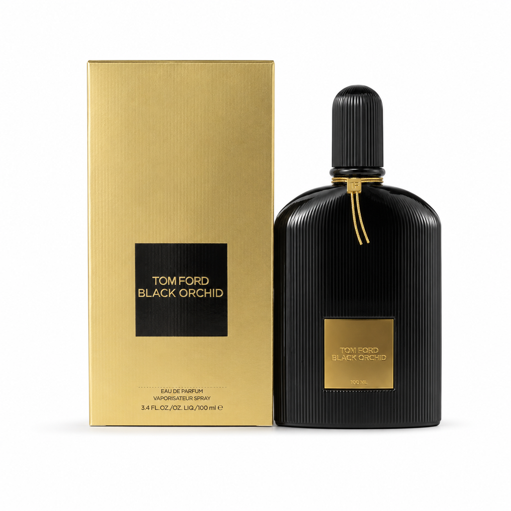 Luxury Black Orchid Eau De Parfum 100ml perfume bottle and packaging on clean white background with premium luxury presentation.
