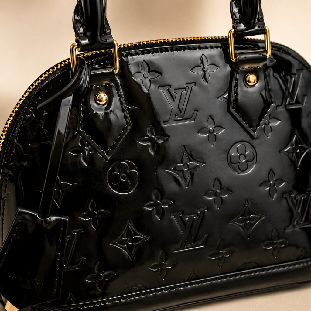 Elegant black patent leather tote handbag with glossy finish and detachable strap for luxury fashion styling.