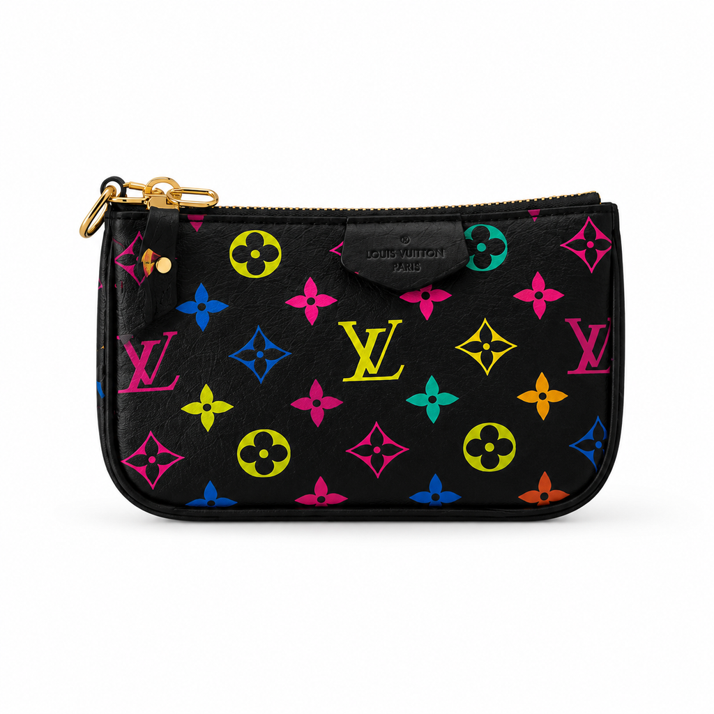 Louis Vuitton monogram pouch in black coated canvas with a colorful neon monogram pattern and gold-tone hardware, shown on a plain white background.