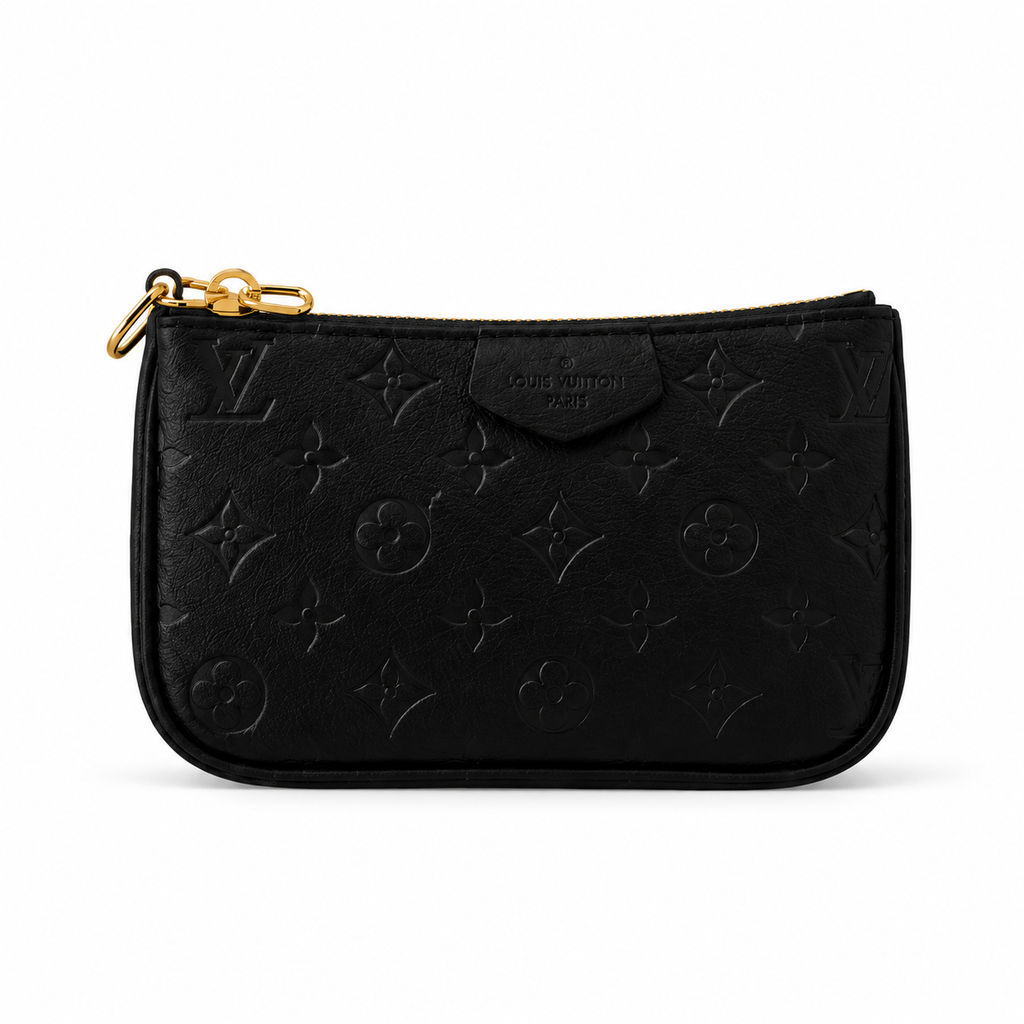 A black Louis Vuitton monogram pouch with a gold-tone zipper pull, shown against a plain white background.