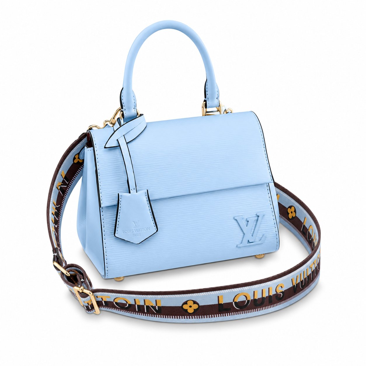 Elegant sky blue luxury women’s handbag with structured top handle and designer shoulder strap on white background.