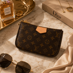 A Louis Vuitton monogram zip pouch wallet in dark brown coated canvas with a tan leather logo tab, styled on a marble surface with a Chanel perfume bottle, gold tray, sunglasses, a Dior box, and a gold necklace.