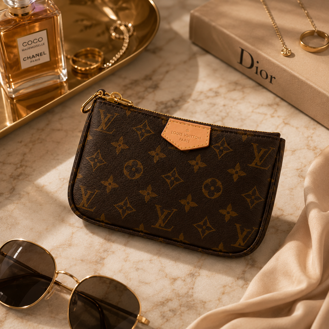 A Louis Vuitton monogram zip pouch wallet in dark brown coated canvas with a tan leather logo tab, styled on a marble surface with a Chanel perfume bottle, gold tray, sunglasses, a Dior box, and a gold necklace.