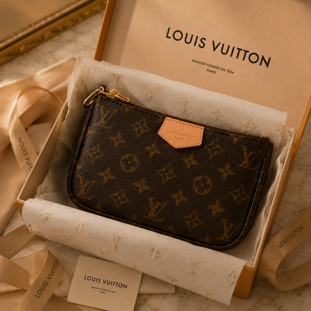 Louis Vuitton monogram wallet in dark brown coated canvas with gold-tone hardware, presented inside an open branded box with tissue paper and ribbon on a light marble surface.