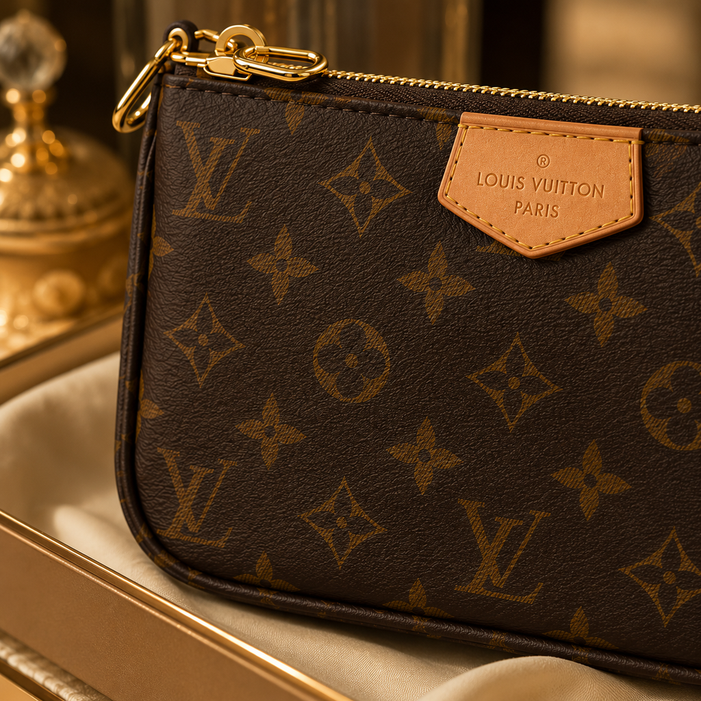 Louis Vuitton monogram canvas zip pouch with a tan leather logo tab and gold-tone hardware, photographed close up on a draped cream fabric surface.