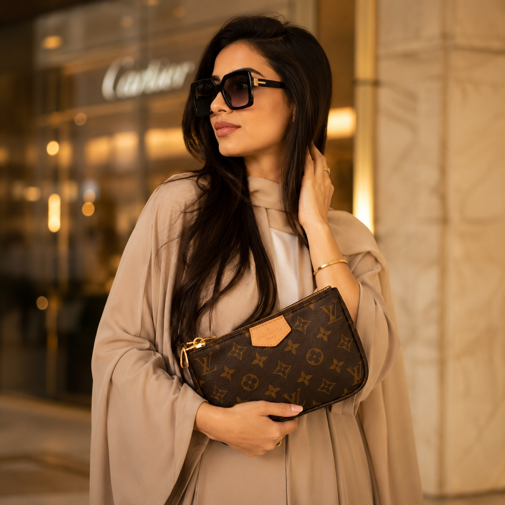 A woman wearing oversized black sunglasses and a beige coat holds a brown Louis Vuitton monogram clutch bag in a warm, upscale indoor setting.
