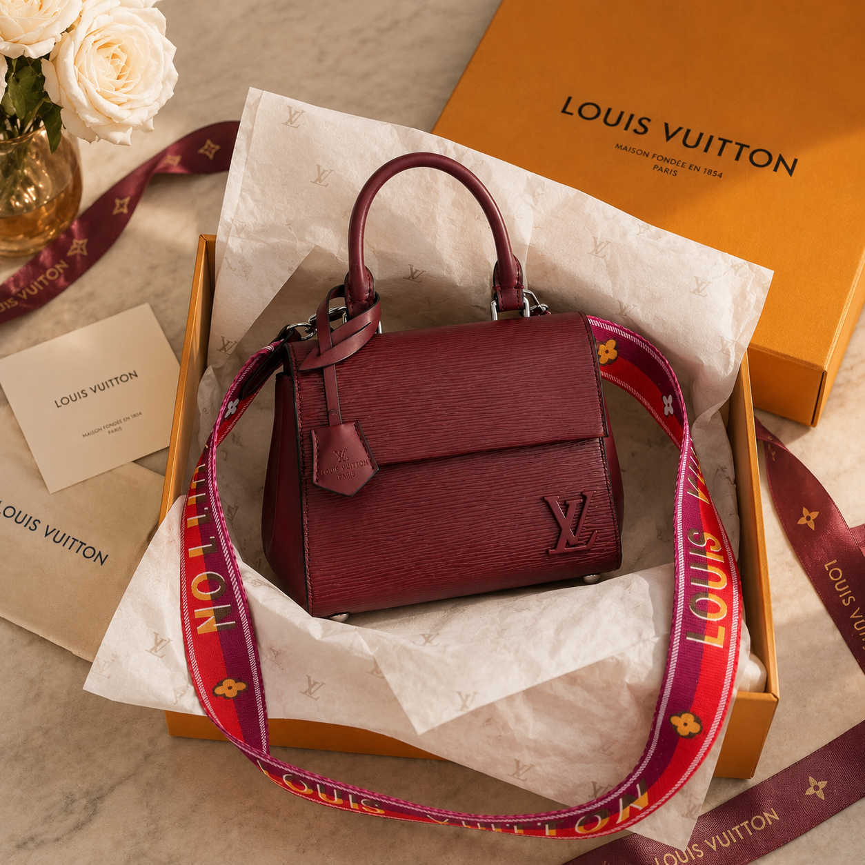 Elegant luxury unboxing presentation featuring burgundy handbag inside premium packaging with tissue paper and ribbon styling.