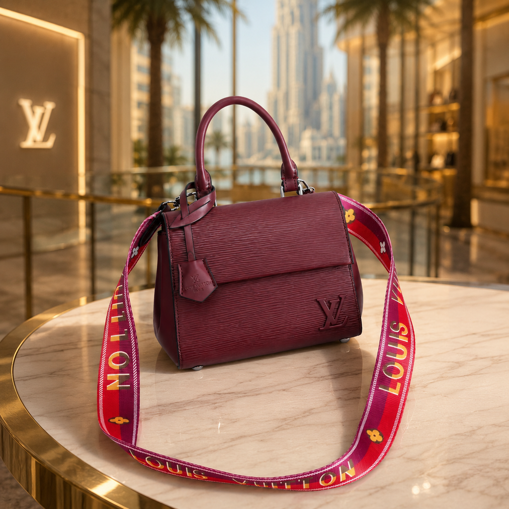 Elegant burgundy luxury handbag displayed inside a premium Dubai-inspired boutique environment with warm golden lighting.