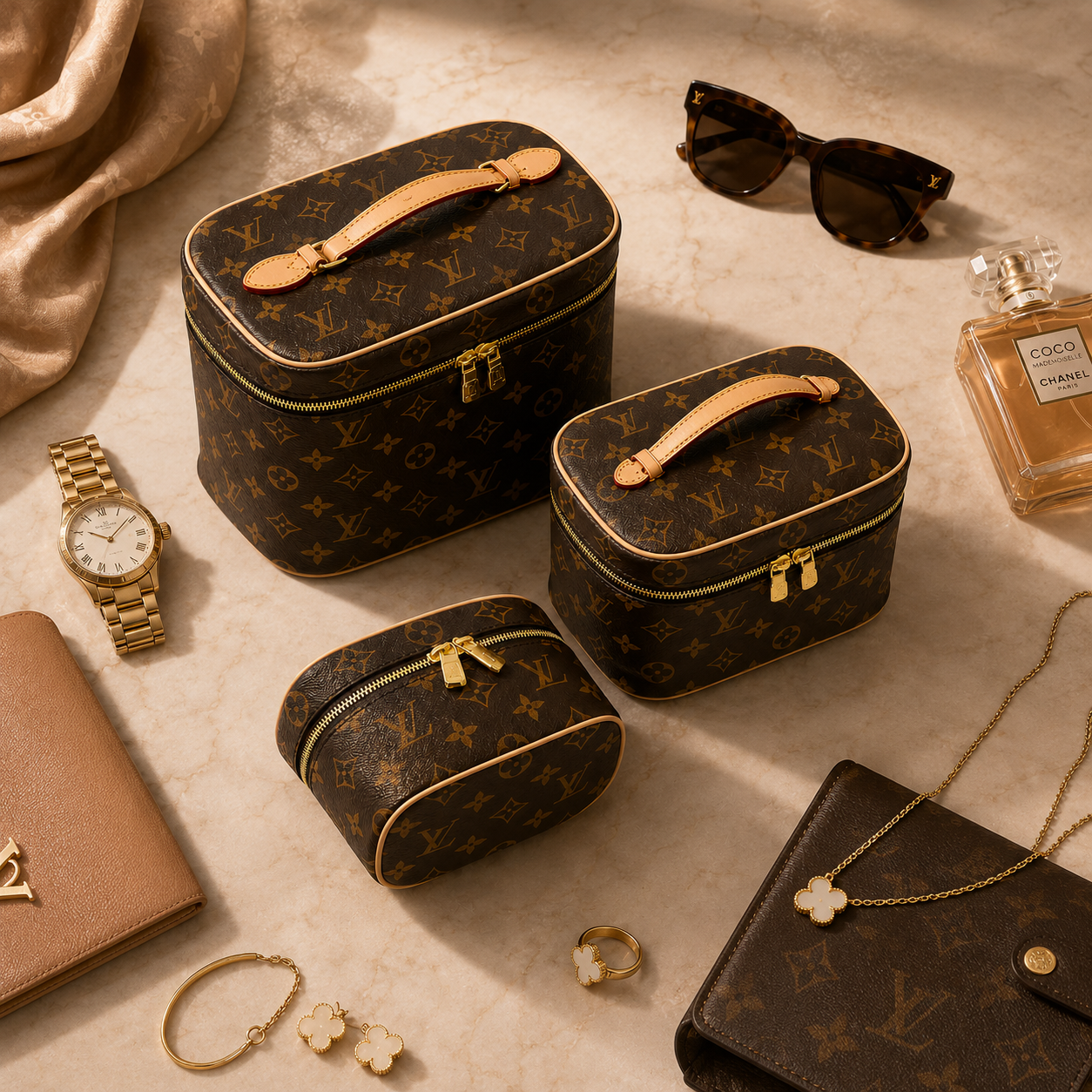 Luxury cosmetic vanity case set for women with gold hardware